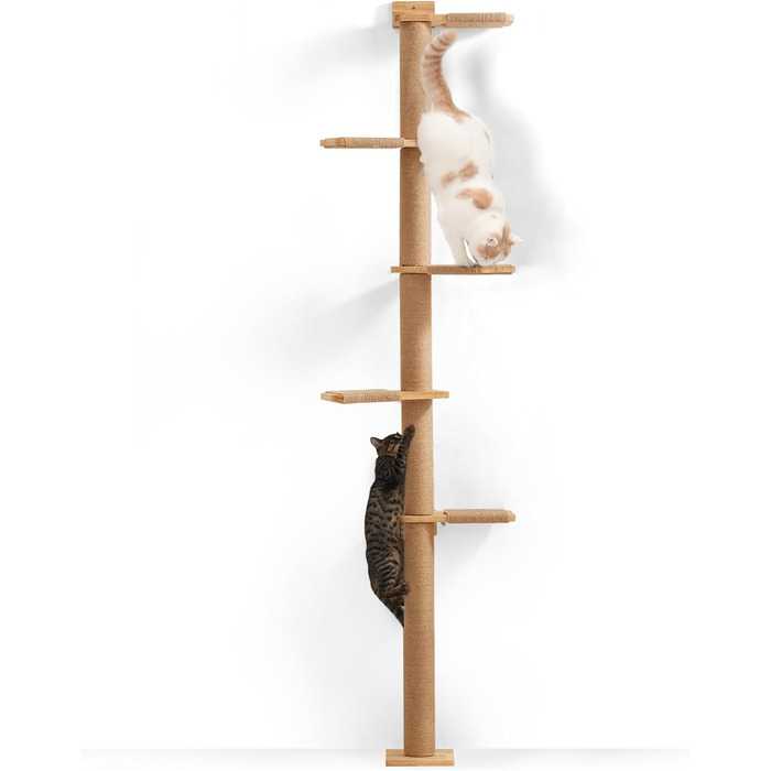 Kratzbaum, 5-story cat tree reaching the ceiling (206 cm), wall-mounted cat tree, made of natural rubber wood, for cats to climb, scratch, look out, and play.