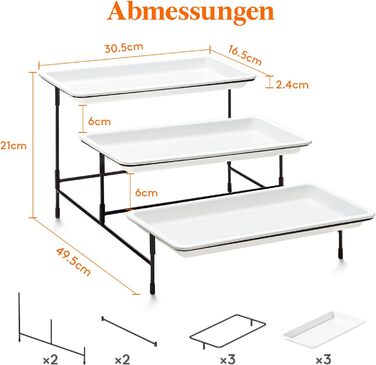 Lifewit 3-Tier Etagere with 30 x 17 cm Plastic Serving Plates, 3-Level Serving Tray Serving Platter with Folding Black Metal Shelf, Buffet Party Accessories for Vegetables/Fruit/Cookies/Cake