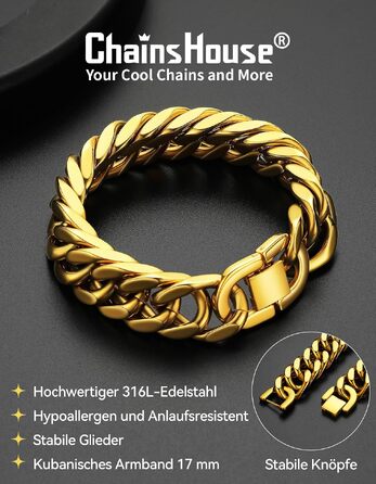 Чоловічий сталевий браслет ChainsHouse Panzer (ланцюг) золотого кольору, ширина 17мм, довжина 19см — стильна прикраса в стилі хіп-хоп з подарунковою коробкою