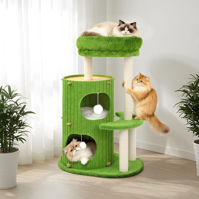 Котячий будиночок з подряпувачем Luxus: широка колона з берези, міцний, до 25 кг, сизаль, велике ліжко з подушкою з льону, легко збирається (зелений)