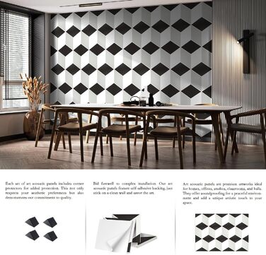 Акустичні панелі JBER для стін самоклеючі, шумопоглинаючі 3D-панелі для студії, офісу та дому, гексагональні (12 шт), 30×30×1 см, чорно-білі