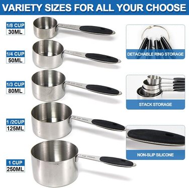 14-Piece Measuring Cup and Magnetic Measuring Spoon Set, Stainless Steel, 5 Measuring Cups with Silicone Handles, 8 Double-Sided Magnetic Measuring Spoons, and 1 Leveler (no duplicate specifications), Black