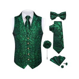 Чоловіча жилетка DiBanGu з візерунком пейслі, комплект 7 предметів: жилетка, краватка, метелик, реверсна голка, для весілля, смокінгу, костюма, 3XL, смарагдово-зелений