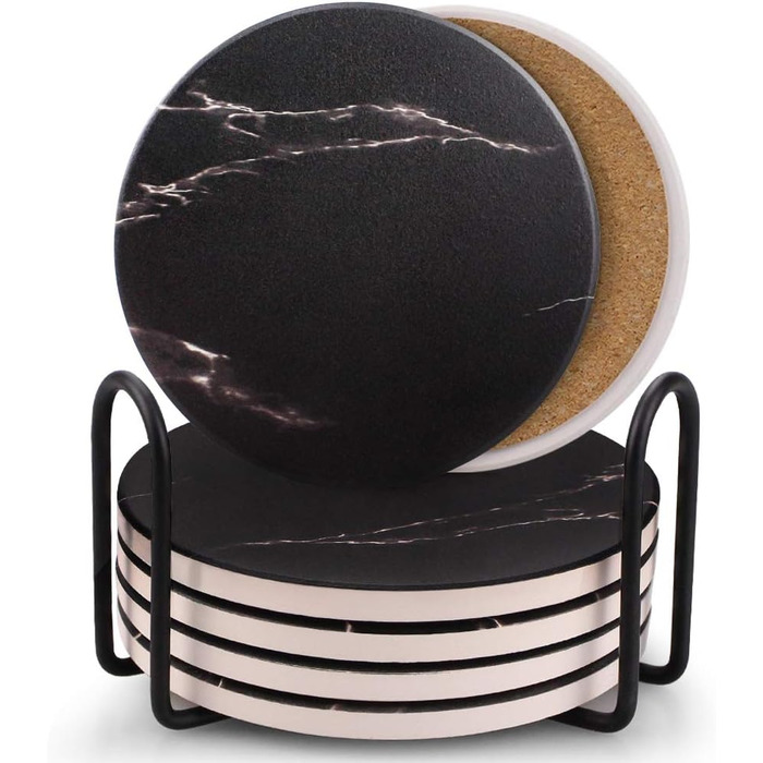 Coasters for Drinks, Absorbent Ceramic Stone Coasters Set with Metal Holder Stand, Cork Base, Marble Surface Pattern, Cup Placemats for Home Decor, Set of 6 - White (Black)