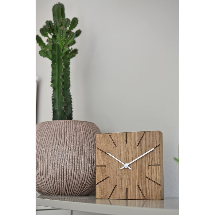 Oak Wall Clock, Table Clock, Desk Clock - Beam - Solid Wood Design 17 x 17 cm (Smoked Oak, Black Hands, Radio Clock Movement)
