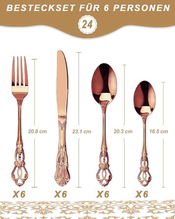 Набір столових приборів Retro на 6 осіб з нержавіючої сталі (рожеве золото, 24 предмети) - вишуканий сервіз в античному бароковому стилі: виделки, ложки, ножі