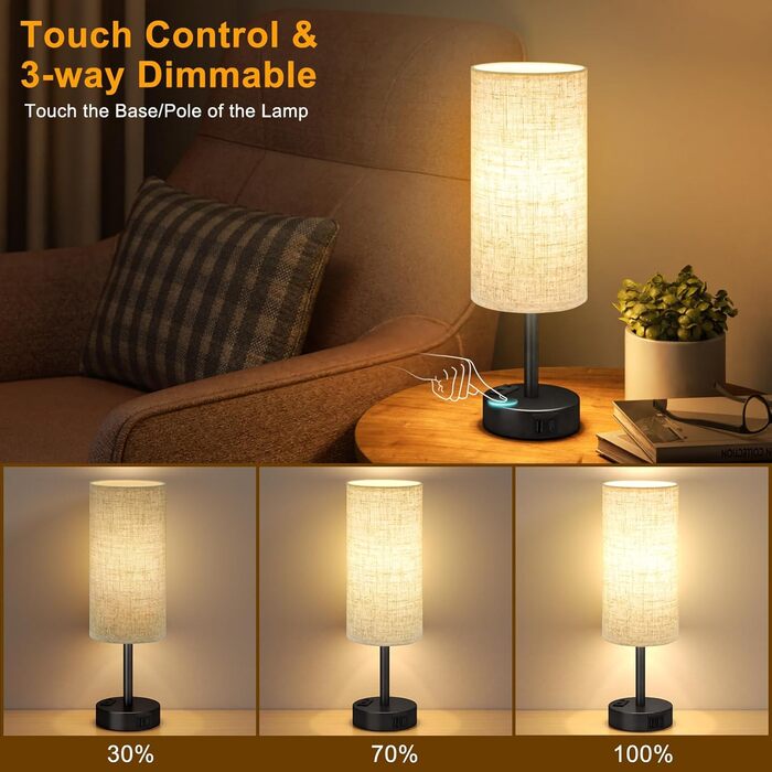 Настільна лампа Kakanuo з торшером, USB-порт, регулювання яскравості, тканинний абажур, для спальні, вітальні, дитячої кімнати, офісу (з лампочкою), білий/бежевий