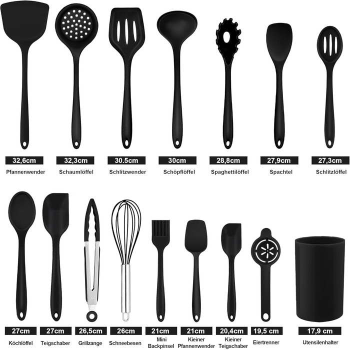 Набір кухонних аксесуарів Homikit 16 шт. з тримачем, кухонне приладдя, посуд, чорний