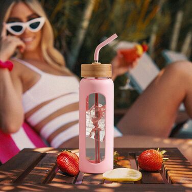 BLUEGO Glass Water Bottle - Sport Water Bottle with 2 Lids and Straw Leak-Proof Glass Bottle with Time Marker and Measuring Scale BPA Free, (Pink, 700ml)