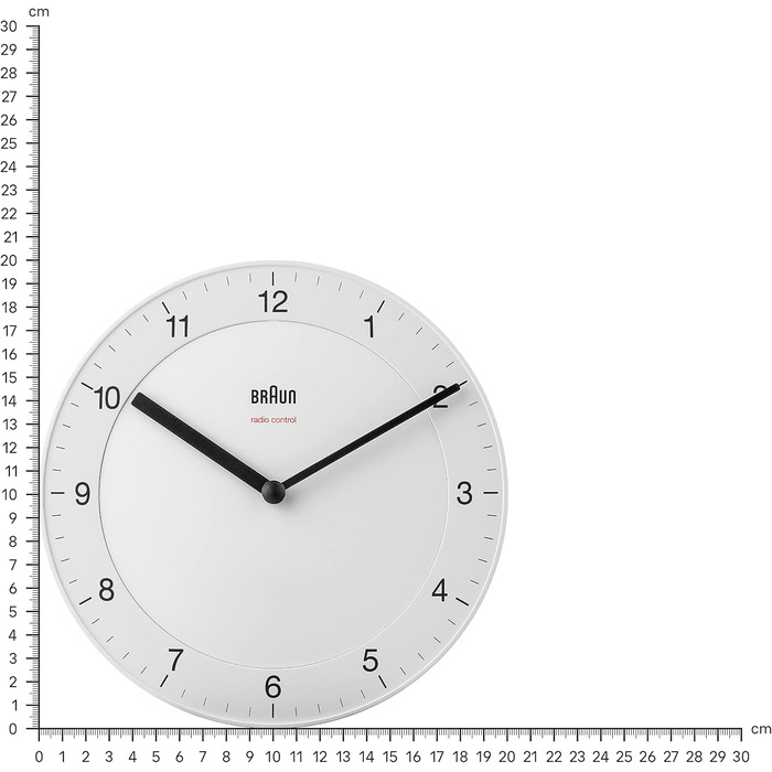 Braun Classic Radio Wall Clock, Central European Time Zone (CET/GMT+1) with a quiet movement, easy-to-read dial with a 20 cm diameter in white, model BC06W-DCF.