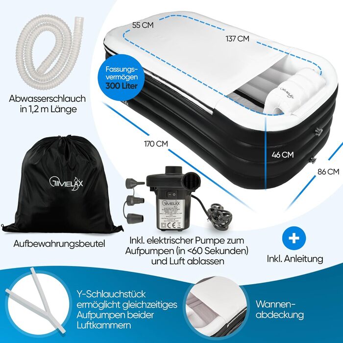 Надувна ванна TIMELAX® XL з ергономічною спинкою | 0,5 мм PVC, без BPA | Мовна, розкладна, для дорослих, чорна