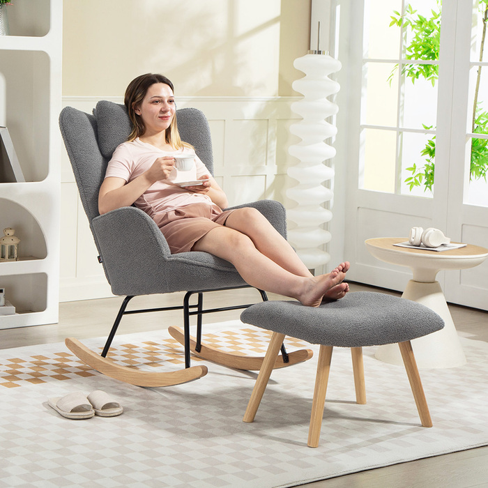 HOMCOM Rocking Chair with Ottoman, Soft Fleece Upholstery, Wooden Legs, Cushion, High Back, Rocker, Dark Grey