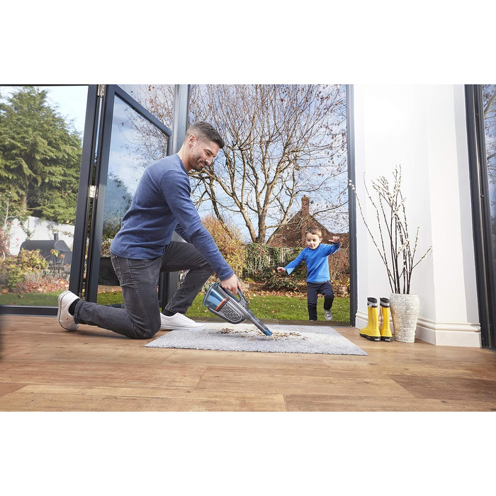 Акумуляторний пилосос ручний BLACK+DECKER BHHV315J Lithium Dustbuster Titanium/Blue 12V, 20AW, з циклонною технологією та насадкою для щілин, безмішковий, з док-станцією