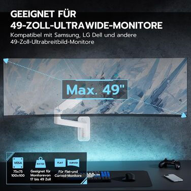 Настінний кронштейн для монітора ARES WING для Ultra Wide екранів 17-49 дюймів, газліфт, навантаження до 20 кг, VESA 75/100, білий
