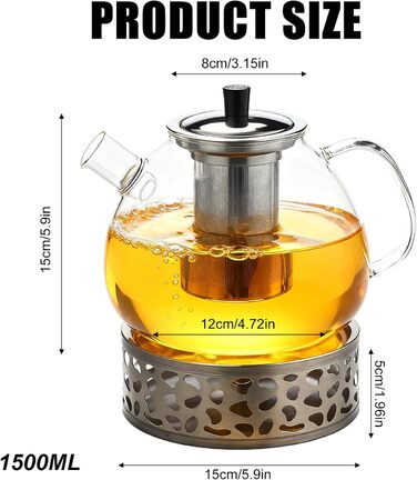 Скляний чайник з боросилікатного скла 1.5л з ситечком, підставкою для підігріву та кришкою — термостійкий чайник для листового, фруктового та пакетованого чаю, придатний для посудомийки
