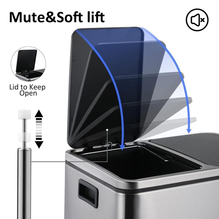 Відро для сміття LIFERUN з двома відсіками, 2 x 15 літрів, з нержавіючої сталі, м'яке закриття кришки, знімний внутрішній відро, ручки, відро для сміття з педаллю, для квартири, маленької сім'ї, сріблястого кольору