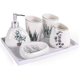 Bathroom Accessories Set, Gold Marble Look, Modern 6-Piece Bathroom Accessories Set, complete with soap dispenser, toothbrush holder, cup, tray, and countertop (Vegetal)