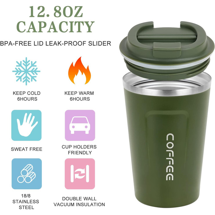 Термокружка Flintronic 510 мл з подвійними стінками, з нержавіючої сталі, з кришкою, для кави та чаю