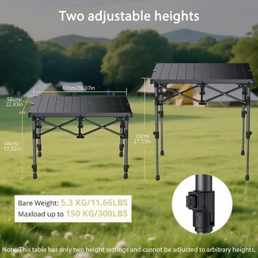 Складний алюмінієвий стіл для кемпінгу Anbte 67x58 см, регульована висота (44/70 см), вантажопідйомність до 150 кг, з сумкою для зберігання