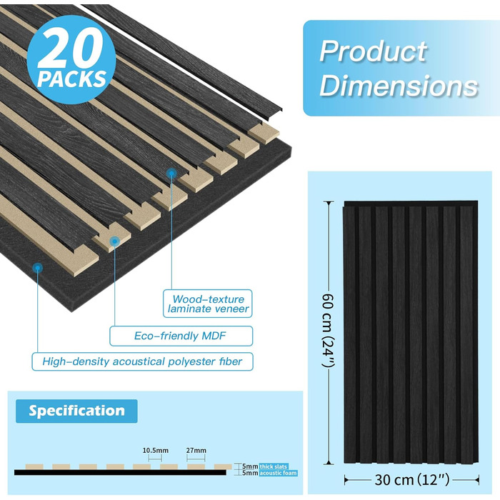 Акустичні 3D-панелі Art3d для шумоізоляції (4 шт), шпонований дерево з фетром, 60x30 см, колір Сірий дуб