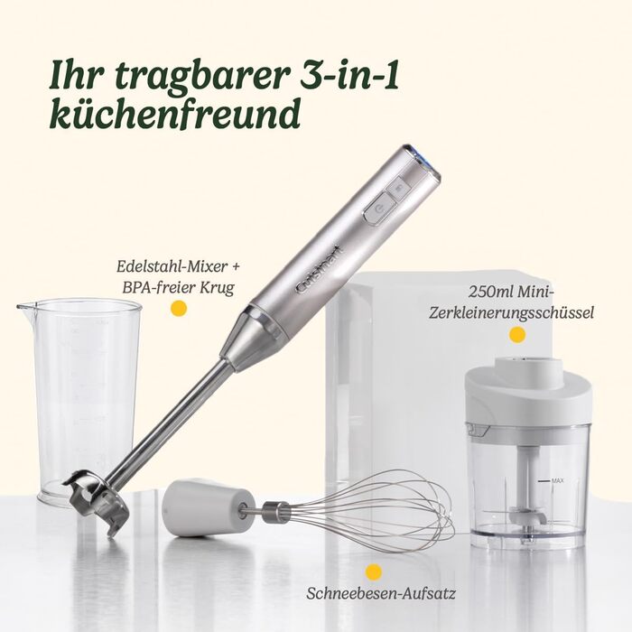 Cuisinart Cordless 3-in-1 Power Hand Blender | Stainless Steel Whisk, Immersion Blender, and 700ml BPA-Free Pitcher, 250ml Mini Chopper | Cordless | USB Charging, Rechargeable | Dishwasher Safe