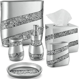 Набір аксесуарів для ванної кімнати Dwellza, срібляний мозаїчний набір, 6 предметів, срібляний, себорер, тримач для зубних щіток, стакан, мильниця, кришка для серветок, сміттєвий бак