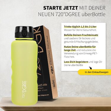 Пляшка спортивна 720°DGREE 'uberBottle' з ситечком, Tritan, 1.5 л, жовта - для спорту, школи, дітей, фітнесу, велосипеда, прогулянок. Без BPA, м'яка на дотик.