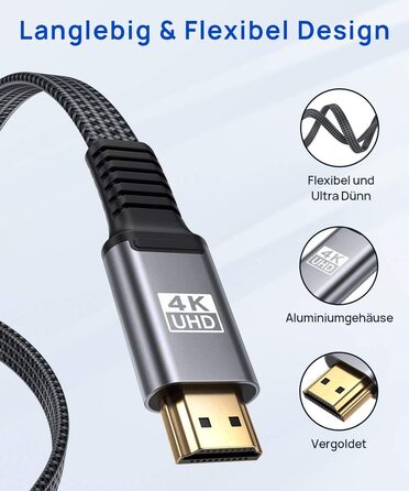 Кабель HDMI JSAUX 4K 3 метри (4K@60Hz, HDMI 2.0, 18Gbps) - Плоский, нейлонова обплітання, High Speed, сірий. Підтримка HDR, UHD 2160p, 1080p, 3D, Ethernet, ARC для PS3/4, TV, PC