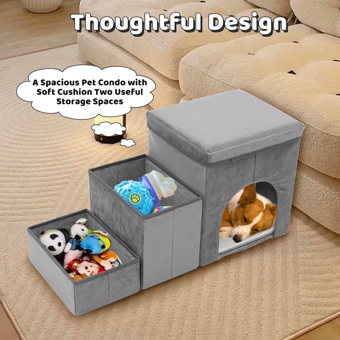 Сходинки для собак на 3 сходинки, 44 см, з місцем для зберігання. Підходить для маленьких собак та котів, зручні для літніх тварин (сірий)