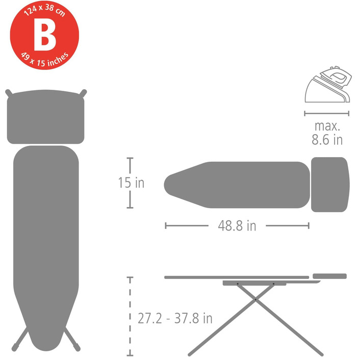 Гладильна дошка Brabantia Bügelbrett B для парогенераторів, 124 x 38 см, чорна, з металевим підставкою та регулюванням висоти