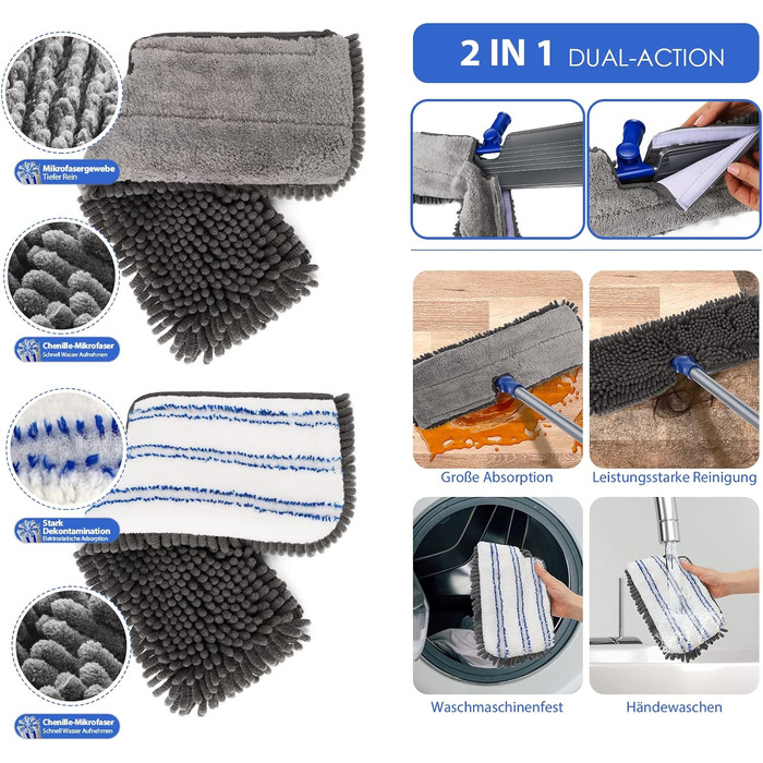 Myiosus Mop, Floor Wiper, Chenille Flat Mop with 4 Double-Sided Cleaning Pads, 127cm Mop with 360° Swivel Head, Microfiber Floor Wiper Set for Hardwood, Laminate, Tile, Includes 1 Scraper