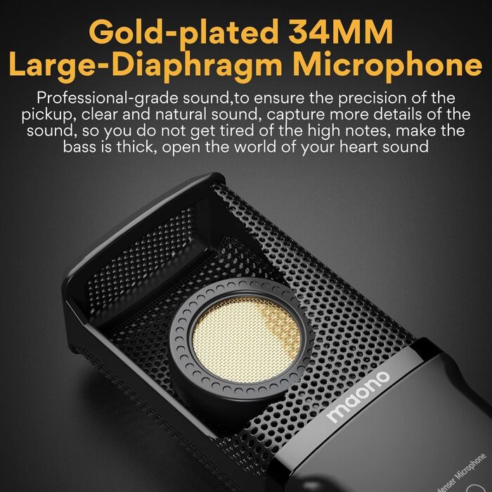 MAONO PM500T XLR Конденсаторний мікрофон з діафрагмою 34 мм, корпус із цинкового сплаву преміум-класу, студійний мікрофон для запису, подкастингу та стрімінгу