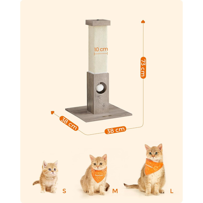 Feandrea Scratching Post, Scratching Trunk, Cat Tree, 10 cm Thick Trunk, Scratching Column Made of Natural Sisal Rope, 73 cm High, with Plush Play Ball, Furniture Scratch Protector, Greige PCA021G01