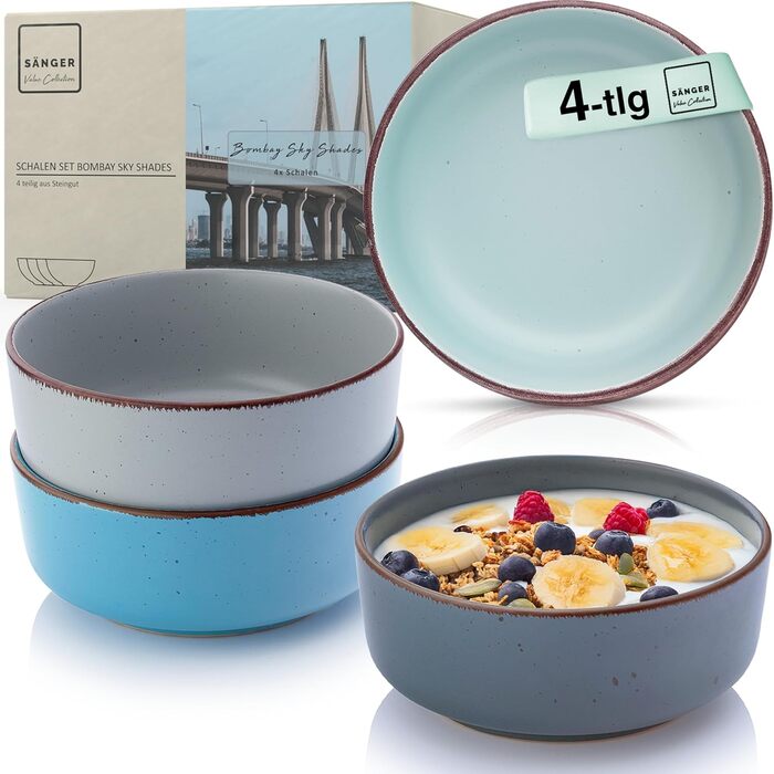 Набір керамічних мисок Sänger Bombay Sky Shades (4 шт.) | Миски для мюслі та сніданку, 700 мл, для 4 осіб, стійкі до подряпин, мікрохвильовки та миття в посудомийній машині
