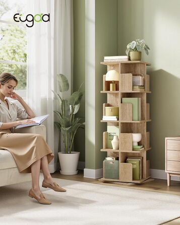 EUGAD обертовий книжковий стелаж-роздільник, 4 рівні, 360°, МДФ, світлий дуб, для офісу та дому, 39,5x128x39,5 см