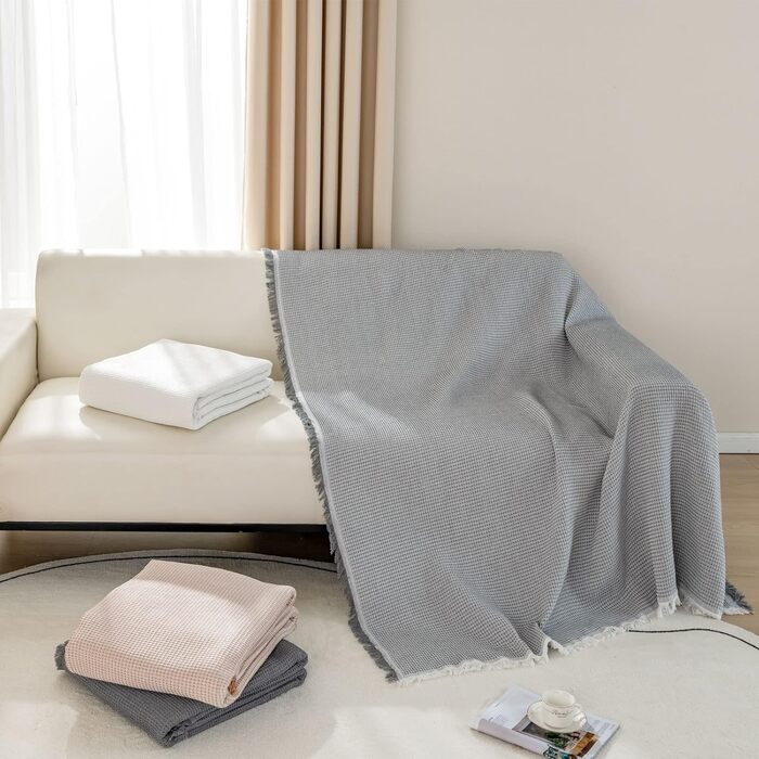 LHGOGO Waffle Throw Blanket 180x300cm Large 3-Seater Sofa Throw Versatile Living Room Blanket as Sofa Throw, Couch Cover, Sofa Cover, and Bedspread with Decorative Tassels - Light Grey