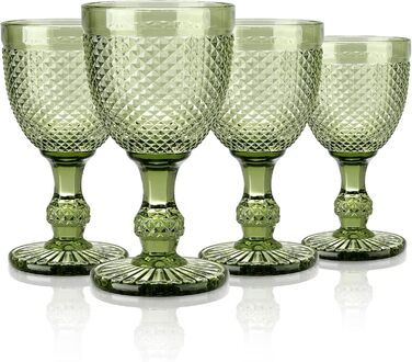 Joeyan 270ml Green Vintage Wine Glasses with Diamond Relief, Colorful Goblet Glasses Wine Goblet Set for Wine Juice Drinks, Set of 4 Retro Drinking Glasses with Stem, Dishwasher Safe