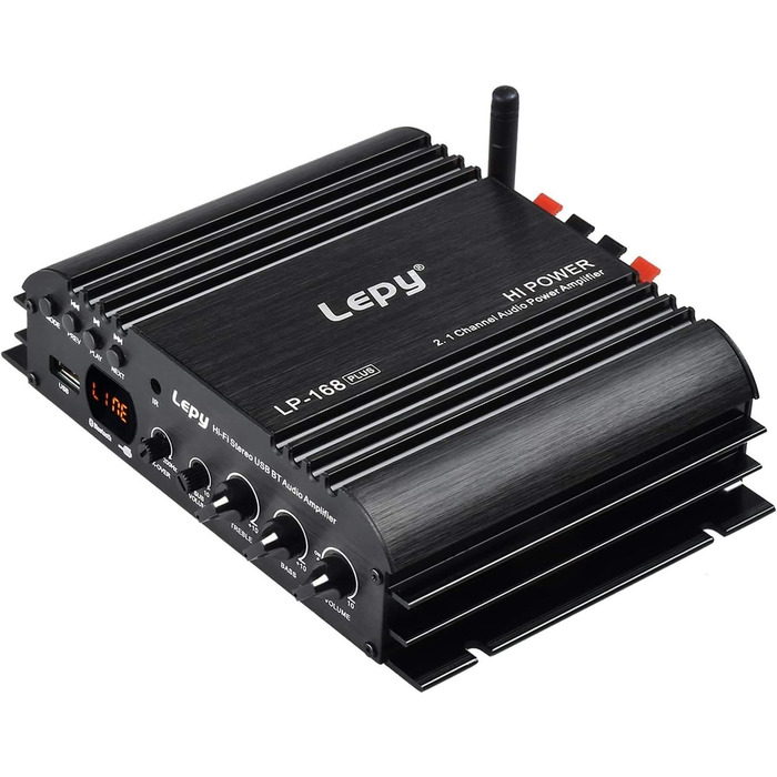 Lepy LP-168 Plus Bluetooth підсилювач 2.1 канали, 2x45Вт+68Вт, HiFi цифровий стерео бас, USB, MP3, MP4, DVD, для авто, з LED підсвіткою