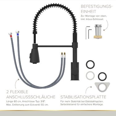 Кухонний змішувач Lenz KALANI² в стилі - з регульованою насадкою для миття посуду – легка установка та висока якість обробки – 46070322 (Для високого тиску, Чорний)