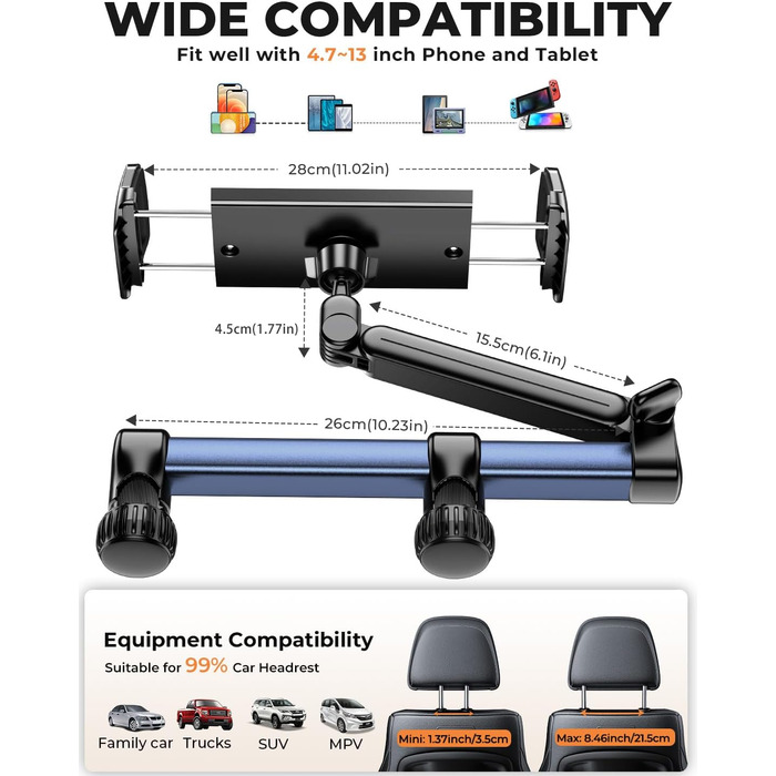 Тримач для планшету TRYONE в авто: кріплення на підголівник, 46 см, 3-в-1, для дітей, сумісний з iPad, Samsung Tab, Switch, телефонами (4.7-13 дюймів)