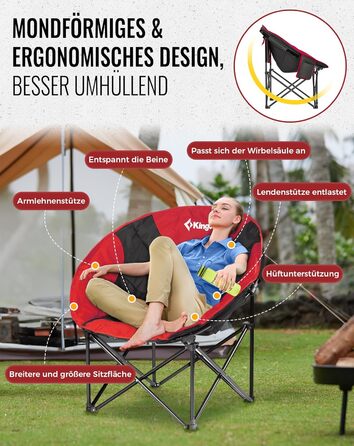 Крісло для кемпінгу KingCamp Moonchair XXL: зручне, з підлокітником, витримує до 205 кг, для відпочинку на природі, саду, риболовлі та балкону (червоний)
