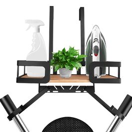Настінна вішалка для праски та гладильної дошки з металу, чорна. Має великий простір для зберігання, дерев'яний кошик та знімні гачки (T&V-подібні).