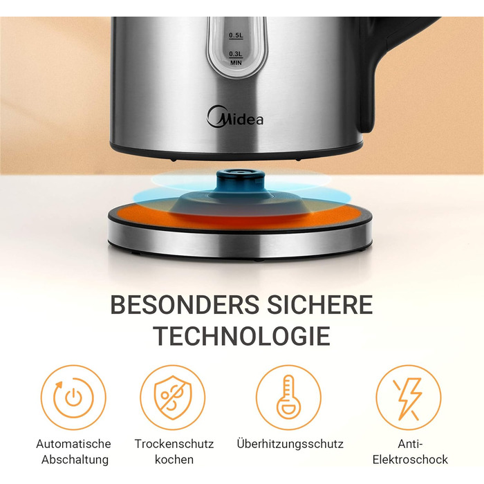 Midea 1.7L Electric Kettle - Stainless Steel, Fast Boil, LED Display, 360° Base, Boil Dry Protection