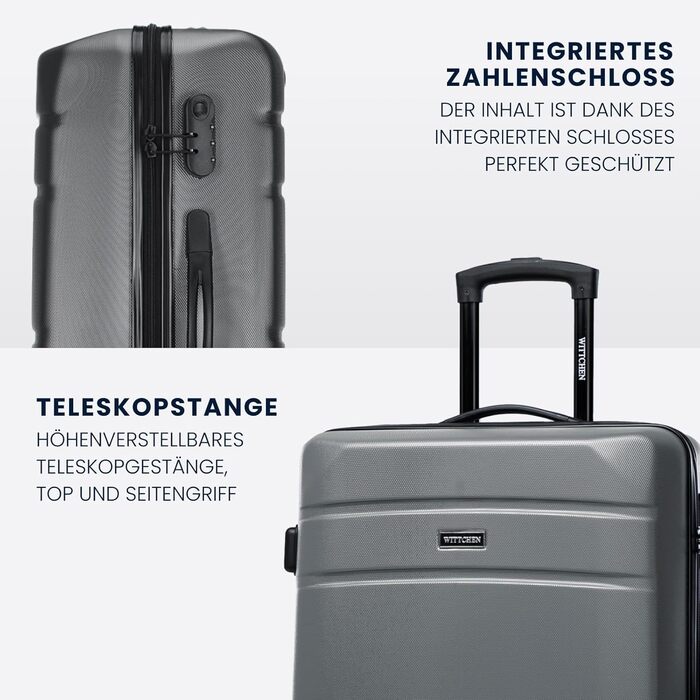 ВалізаWITTCHEN Globe Line сірого кольору (4 шт.): велика, середній, маленька, ручна. ABS, телескопічна ручка, кодовий замок, 4 колеса
