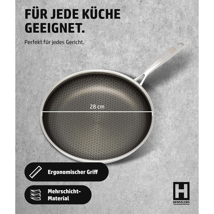 Сковорода HENSSELERS® 28 см - універсальна для всіх типів плит, антипригарне покриття, індукція, стійка до порізів та подряпин