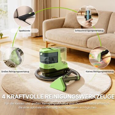 Пристрій для чищення м'яких меблів з гарячою парою та 17KPa - 1800W миючий пилосос для килимів, диванів, автомобілів та сходин - з голосовим управлінням та самоочищенням - 4 насадки, зелений середнього розміру