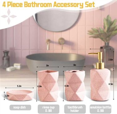 Bathroom Accessories Set, including soap dispenser, toothbrush holder, cup, soap dish, modern, elegant, bathroom organizer, ceramic bathroom decor set (Pink)