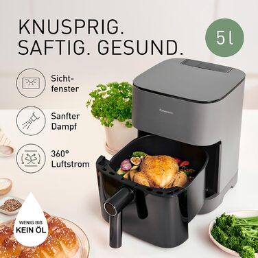 Panasonic NF-CC500SXE Air Fryer with Viewing Window, 5 L, 80–200 °C, Digital Timer & LCD Display, Gentle Steam Injection, 11 Presets, Easy Cleaning, Matte Grey