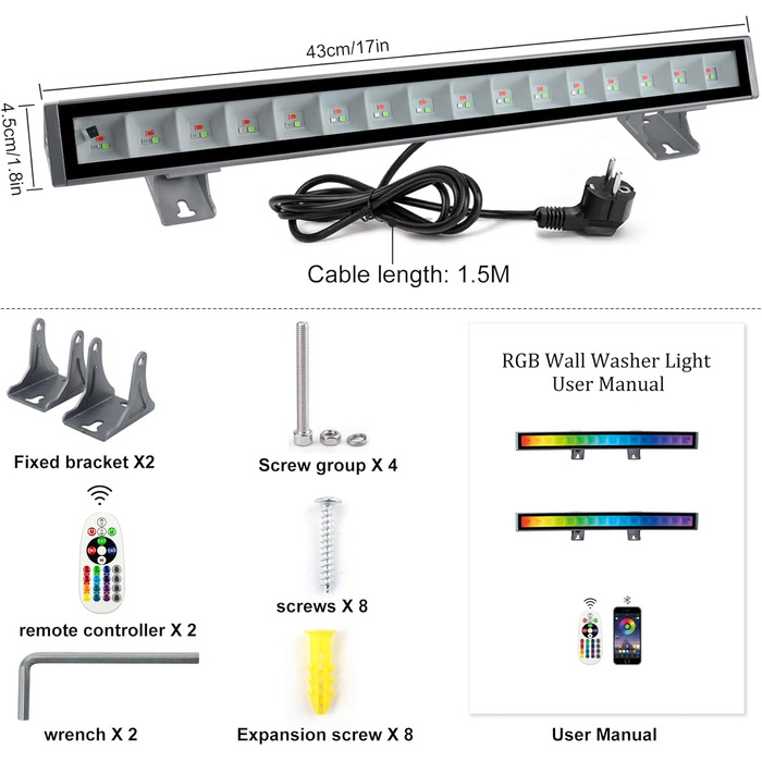 RGB LED Floodlight, 48W RGB Wallwasher Light, LED Bar Light Effects IP66 Waterproof Smart Party Lights with Remote Control and APP Control for Outdoor Indoor Tree Party Garden