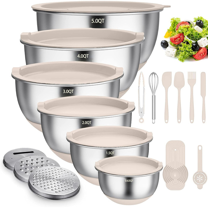 Mixing Bowl Set of 6, Stainless Steel Bowl Salad Bowl Set with Lid & Silicone Bottom, 3 Grater Attachments, 4.7l/3.8l/2.8l/1.9l/1.4l/0.6l, Non-Slip & Stackable - Khaki